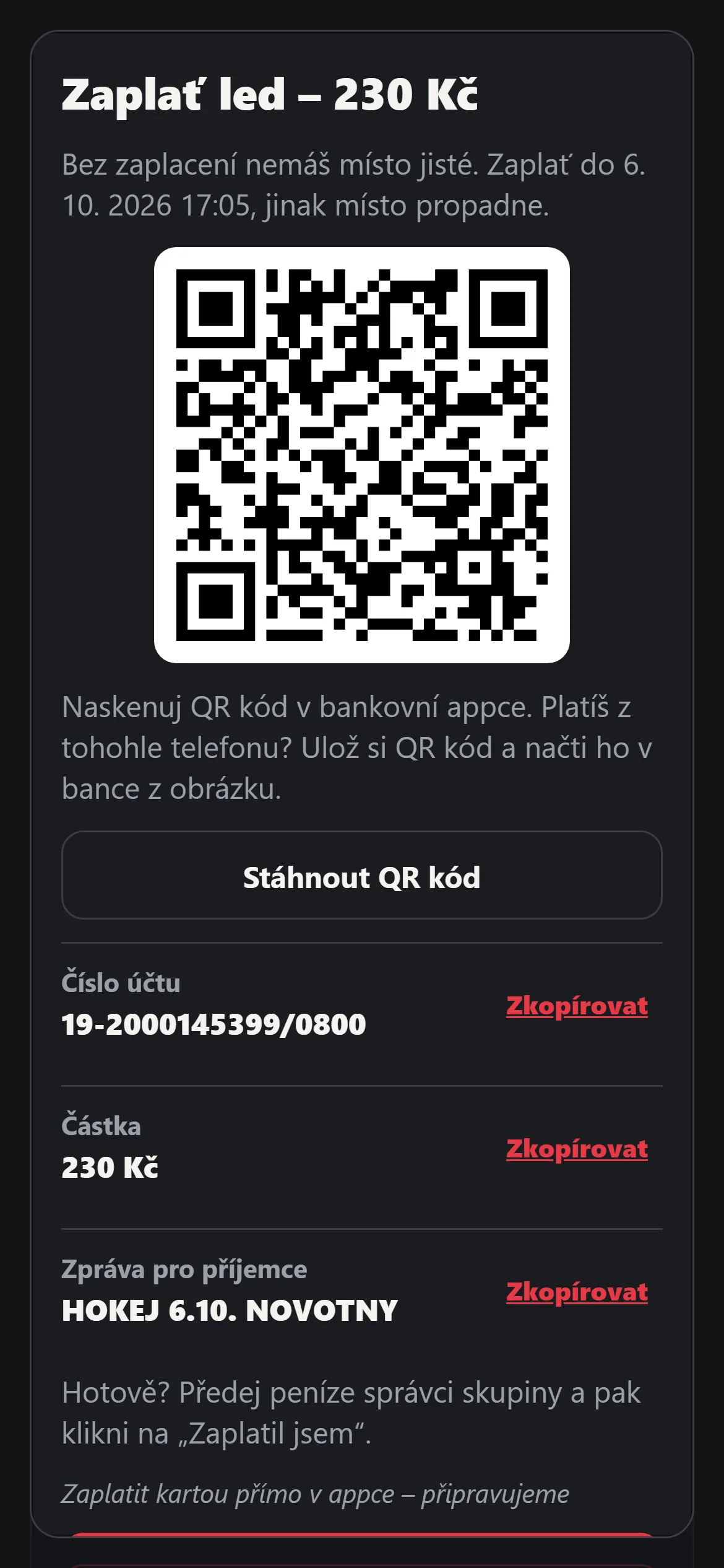 QR kód pro platbu za led